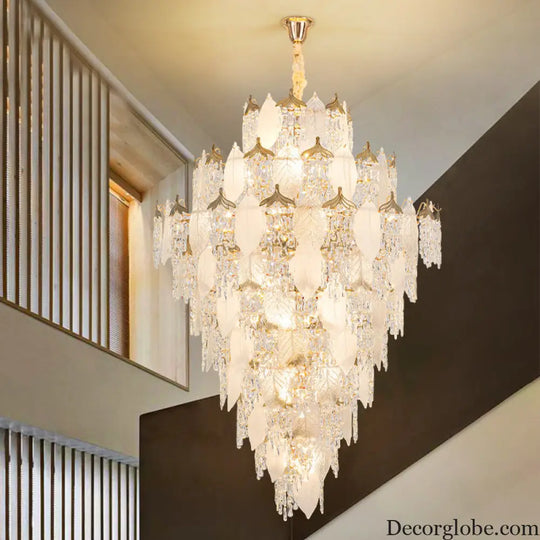 New French Cream Style Villa Duplex Living Room Crystal Chandelier Modern Light Luxury High Feeling Leaf Lamp Staircase