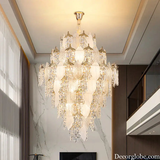 New French Cream Style Villa Duplex Living Room Crystal Chandelier Modern Light Luxury High Feeling Leaf Lamp Staircase