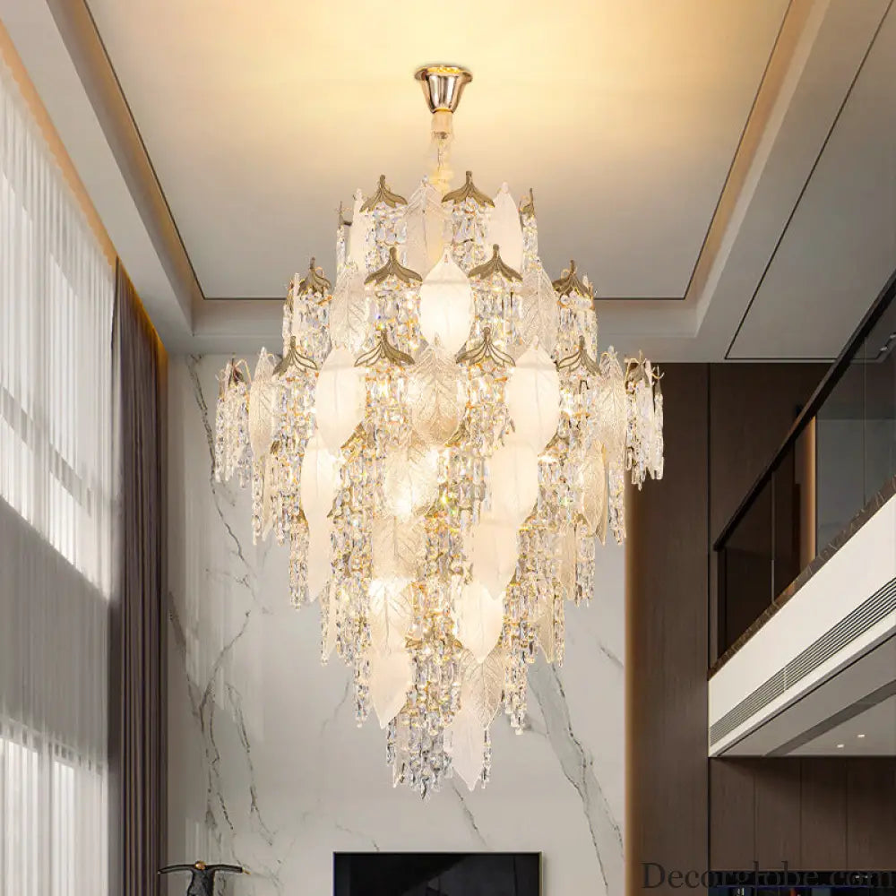 New French Cream Style Villa Duplex Living Room Crystal Chandelier Modern Light Luxury High Feeling Leaf Lamp Staircase