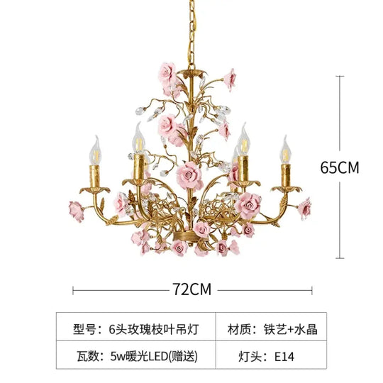 ROSELYN French Vintage Rose Pendant Lamp Pink 6 heads Chandelier