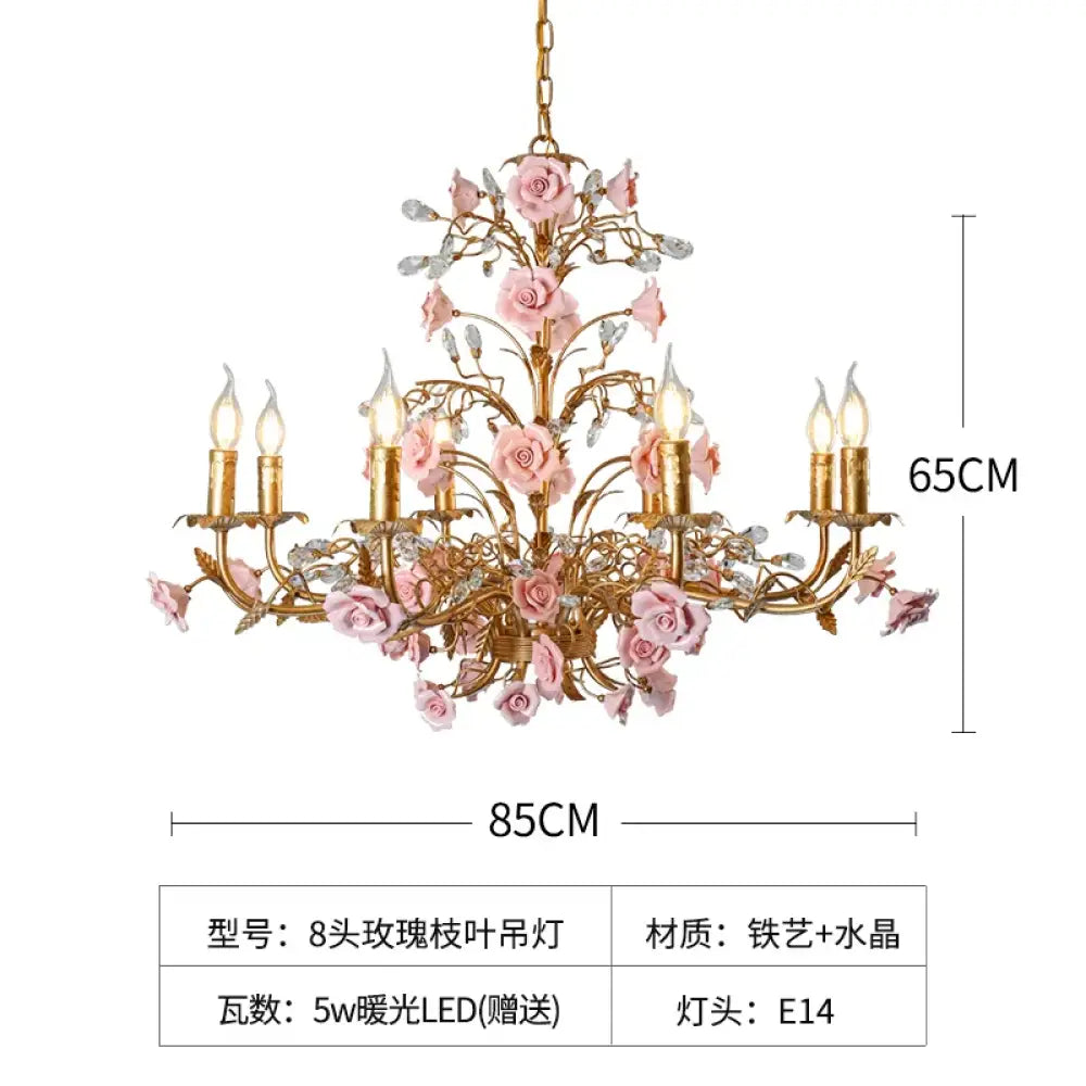ROSELYN French Vintage Rose Pendant Lamp Pink 8 heads Chandelier