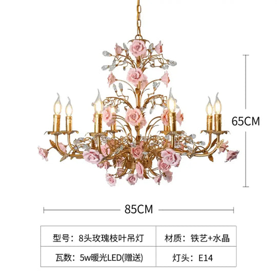 ROSELYN French Vintage Rose Pendant Lamp Pink 8 heads Chandelier