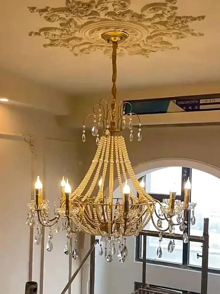 American Crystal Lamp French Retro Pearl Chandelier Medieval Villa Living Room Dining Room Bedroom Duplex Atmospheric