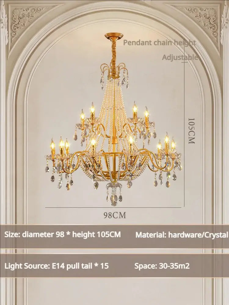 American Crystal Lamp French Retro Pearl Chandelier Medieval Villa Living Room Dining Room Bedroom Duplex Atmospheric