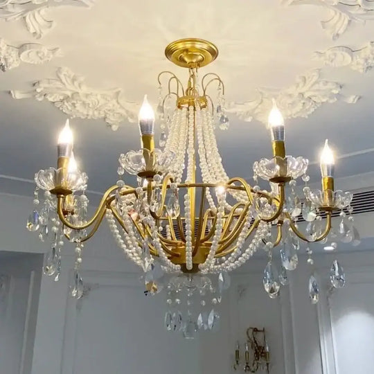 American Crystal Lamp French Retro Pearl Chandelier Medieval Villa Living Room Dining Room Bedroom Duplex Atmospheric