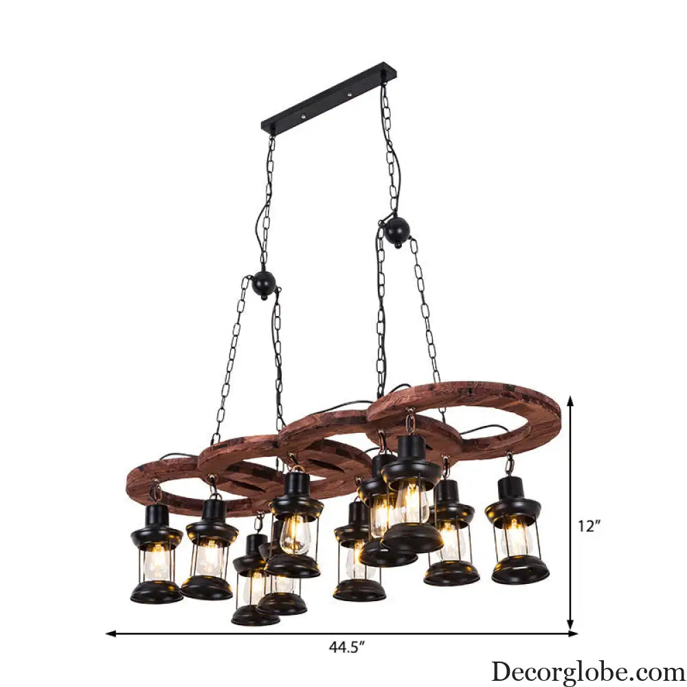 Vintage Black Chandelier Pendant Lamp with Clear Glass Lantern and Wooden Shelf - 10 Lights Black