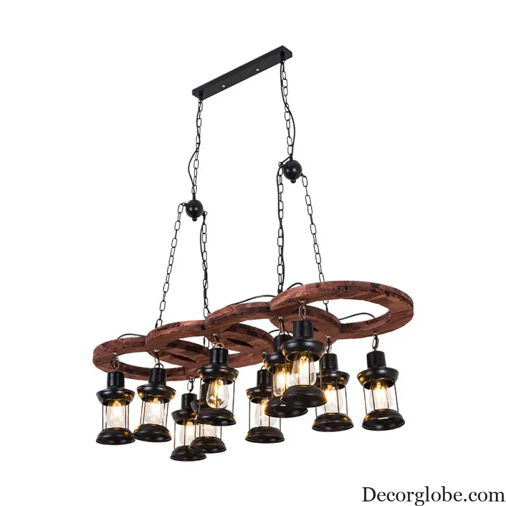Vintage Black Chandelier Pendant Lamp with Clear Glass Lantern and Wooden Shelf - 10 Lights Black