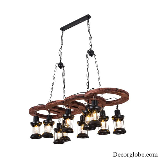Vintage Black Chandelier Pendant Lamp with Clear Glass Lantern and Wooden Shelf - 10 Lights Black