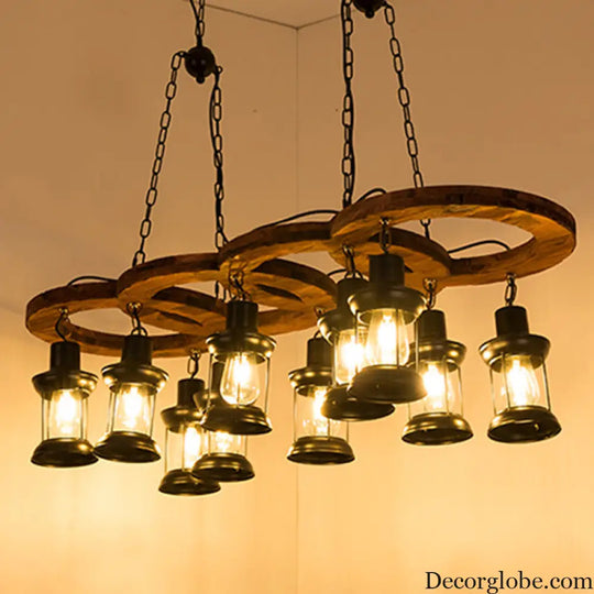 Vintage Black Chandelier Pendant Lamp with Clear Glass Lantern and Wooden Shelf - 10 Lights Black