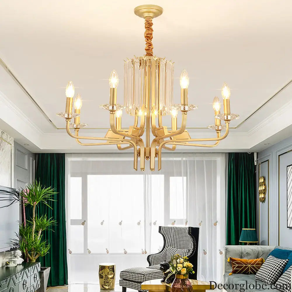 Vintage Brass Hanging Ceiling Light - 4/6/8 Lights with Crystal Deco