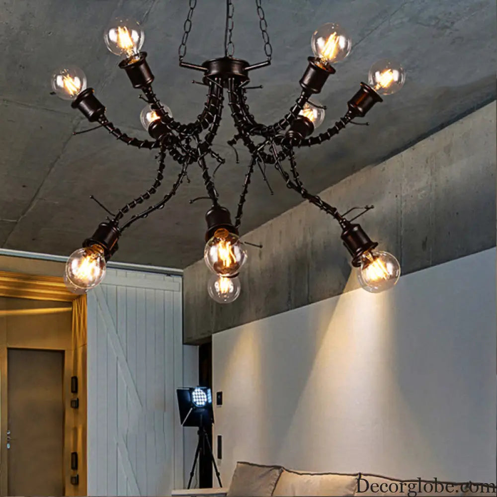 Vintage Rustic Iron Twig Arm Chandelier Pendant Lamp for a Stylish Cafe Vibe Black