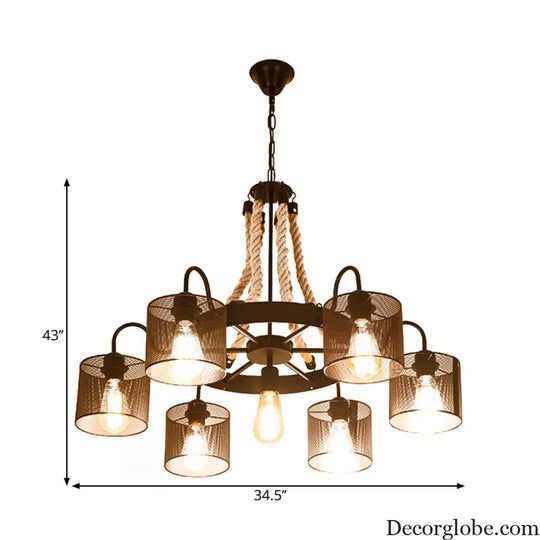 Vintage Style Cylinder Mesh Metal Shade Chandelier: 6-Head Restaurant Hanging Light in Beige Beige