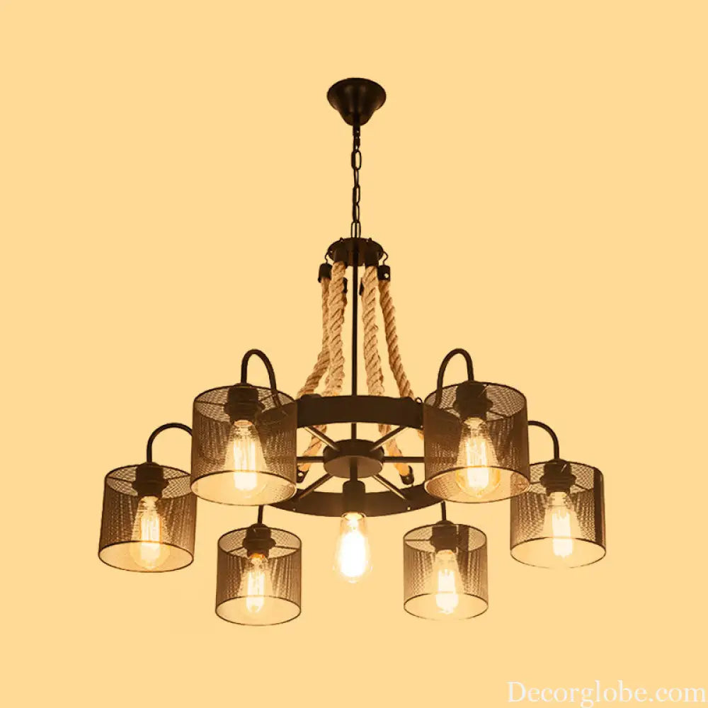 Vintage Style Cylinder Mesh Metal Shade Chandelier: 6-Head Restaurant Hanging Light in Beige Beige