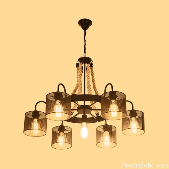 Vintage Style Cylinder Mesh Metal Shade Chandelier: 6-Head Restaurant Hanging Light in Beige Beige