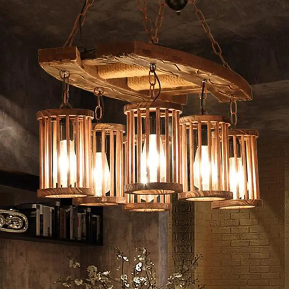 Vintage Wood & Black 6-Light Cylinder Chandelier for Dining Room Pendant Lighting Wood