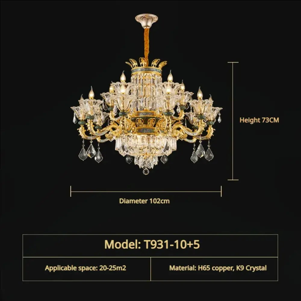 Vivienne French Copper Crystal Candle Chandelier Duplex Stair Pendant Light 15Head D102CM H73CM / Warm Light Chandelier