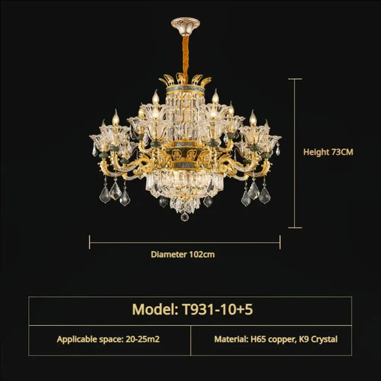 Vivienne French Copper Crystal Candle Chandelier Duplex Stair Pendant Light 15Head D102CM H73CM / Warm Light Chandelier