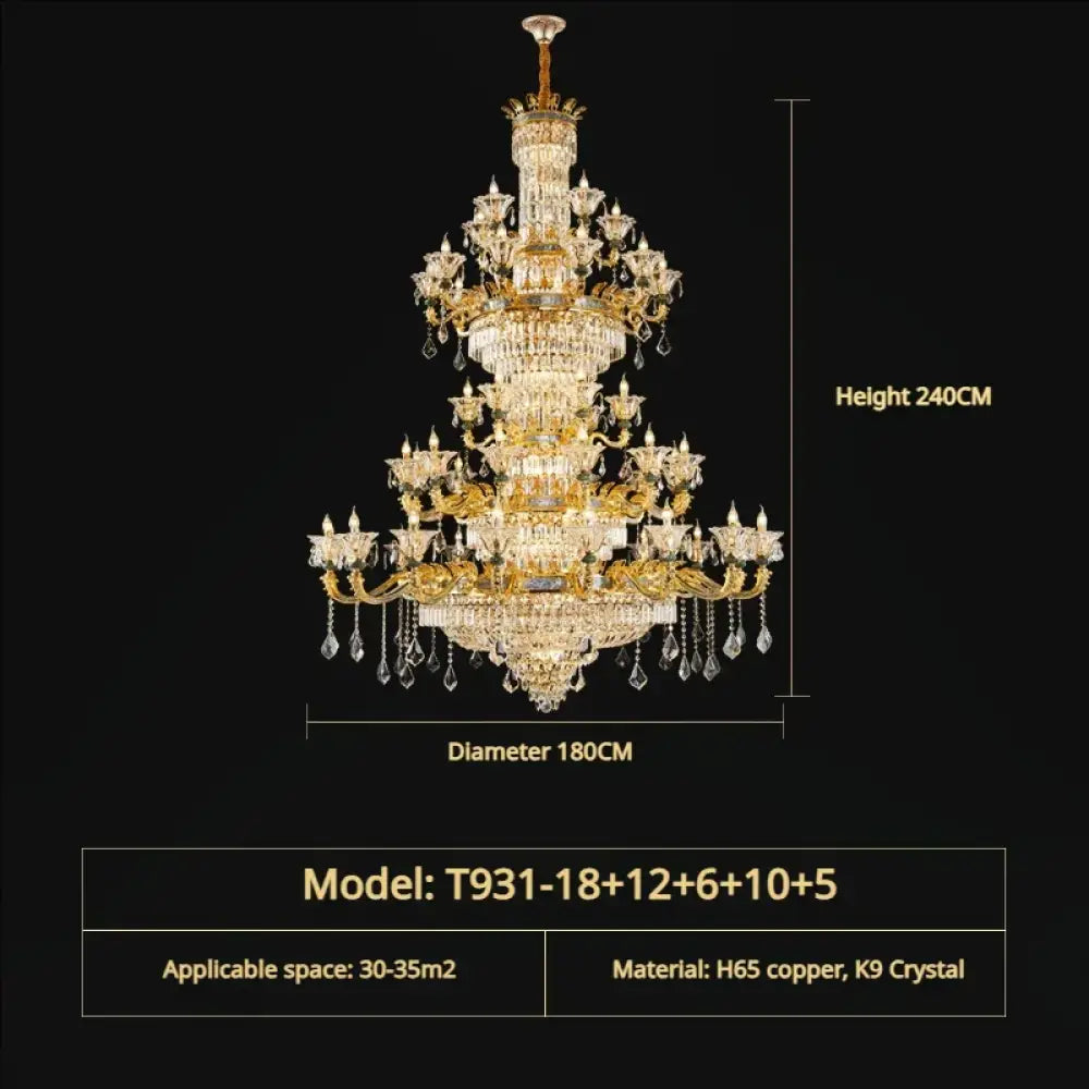 Vivienne French Copper Crystal Candle Chandelier Duplex Stair Pendant Light 51Head D180CM H240CM / Warm Light Chandelier