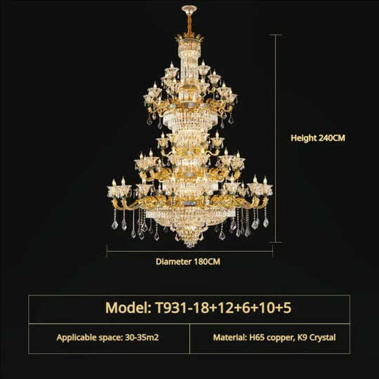 Vivienne French Copper Crystal Candle Chandelier Duplex Stair Pendant Light 51Head D180CM H240CM / Warm Light Chandelier