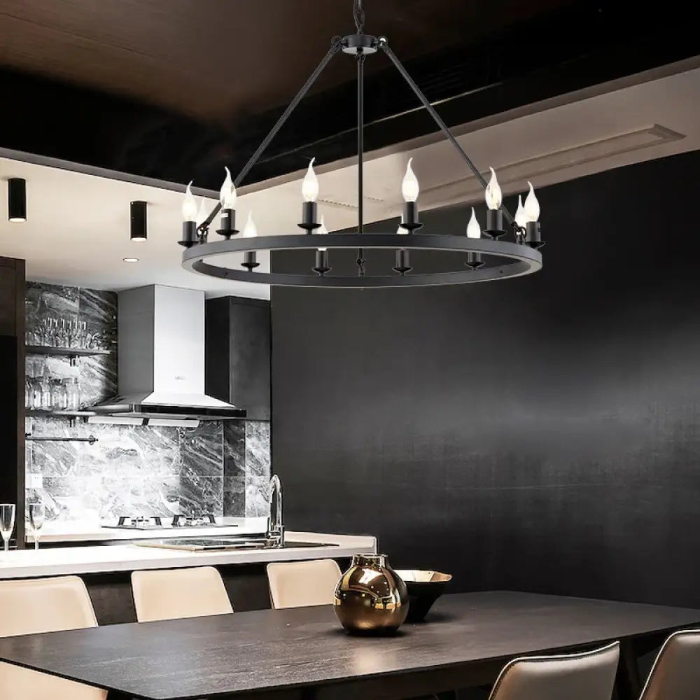 Wagon Wheel Chandelier Pendant Light for Cafés and Restaurants Black Frame Chandelier