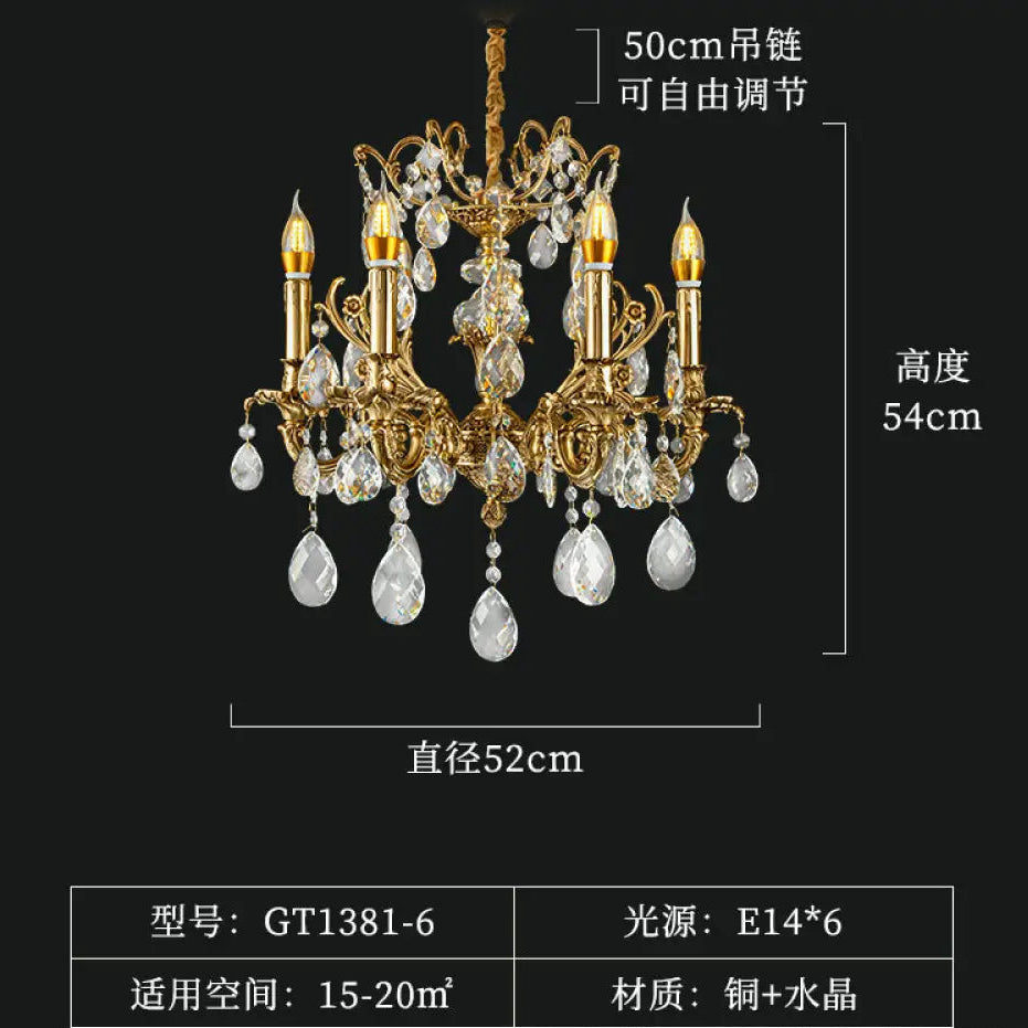 French Retro Crystal Copper Branch Chandelier 6-Head Chandelier (Diameter 52cm Height 54cm)